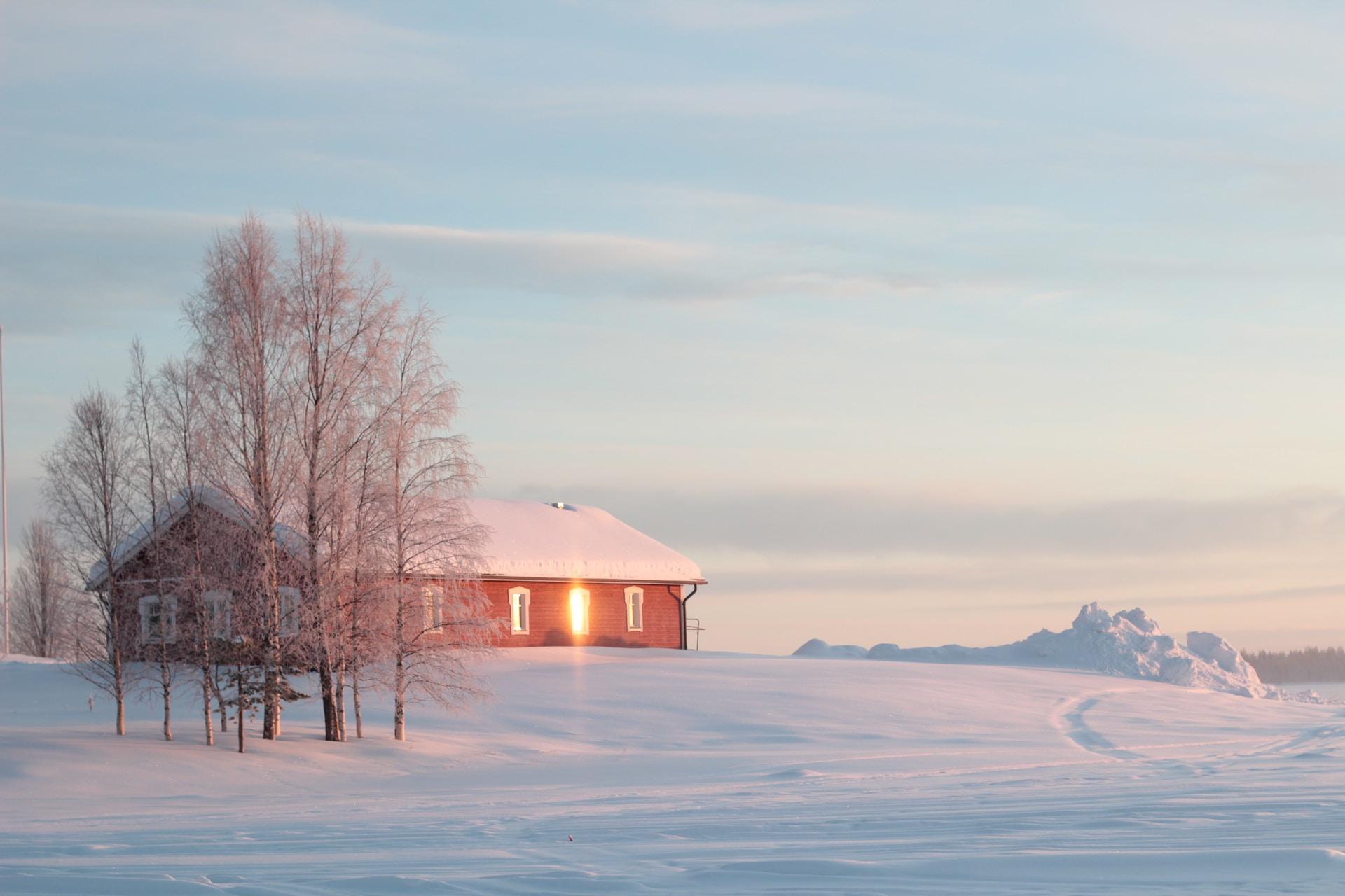 View of an isolated cottage and trees in a snowy Lapland