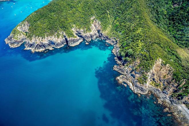 View of a green island surrounded by sea in New Zealand