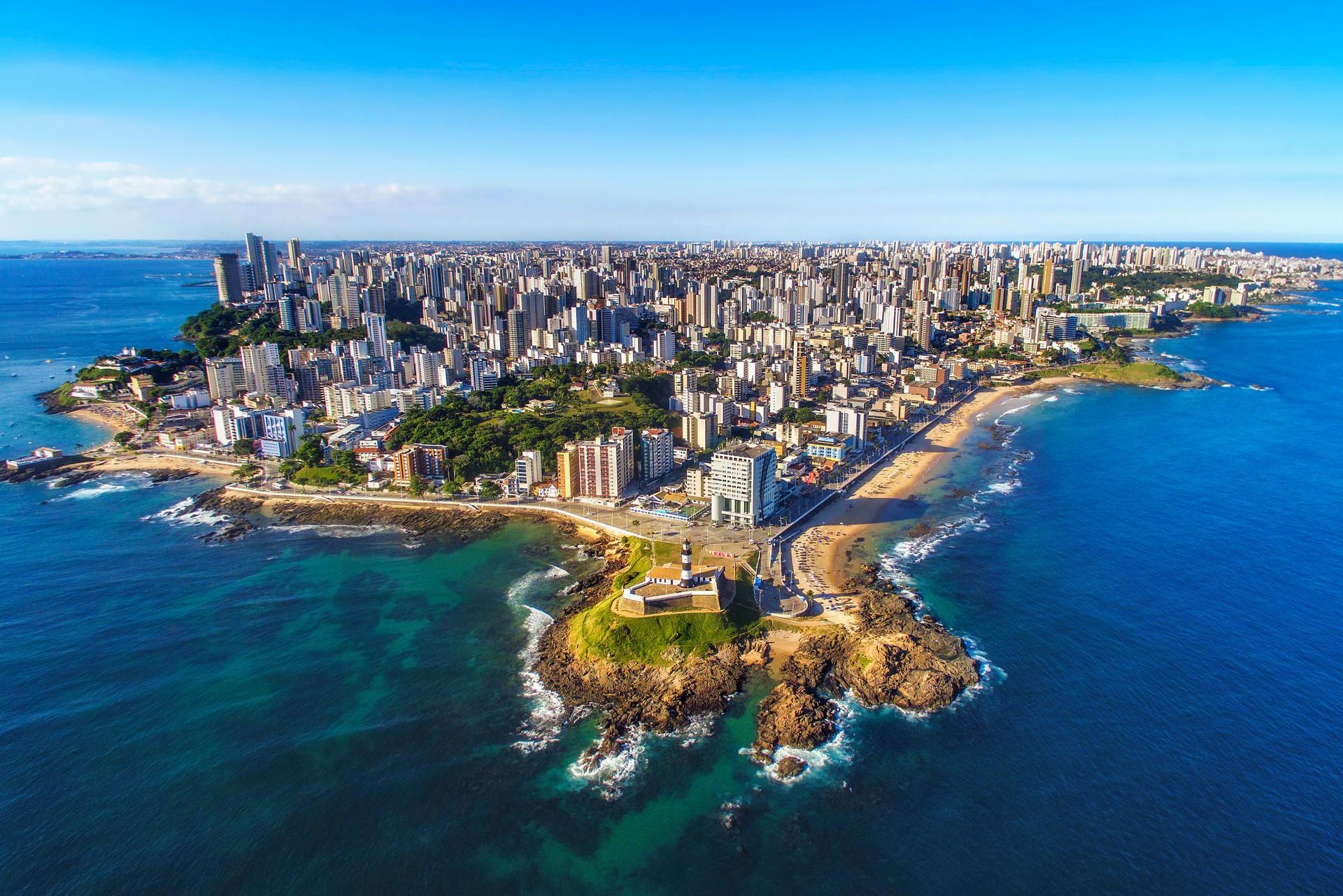 Aerial view of beach in Salvador in partly cloudy weather