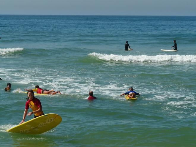 Surfers in the sea off Rio de Janeiro.