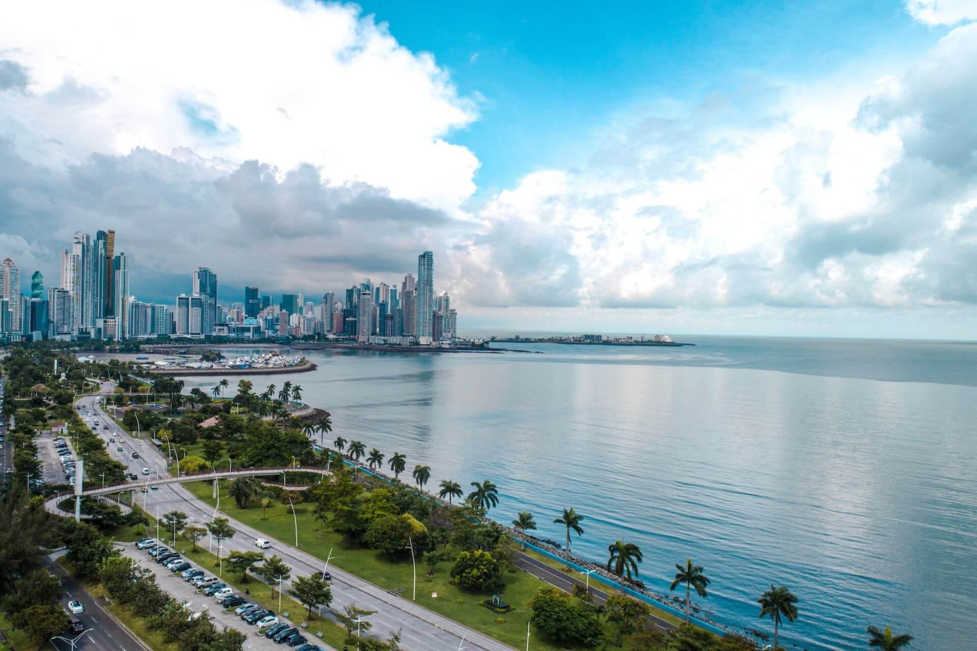 View of the Panama City surrounded by sea