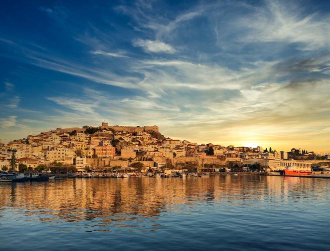 Beautiful view of the Greek seaside town of Kavala at sunset.