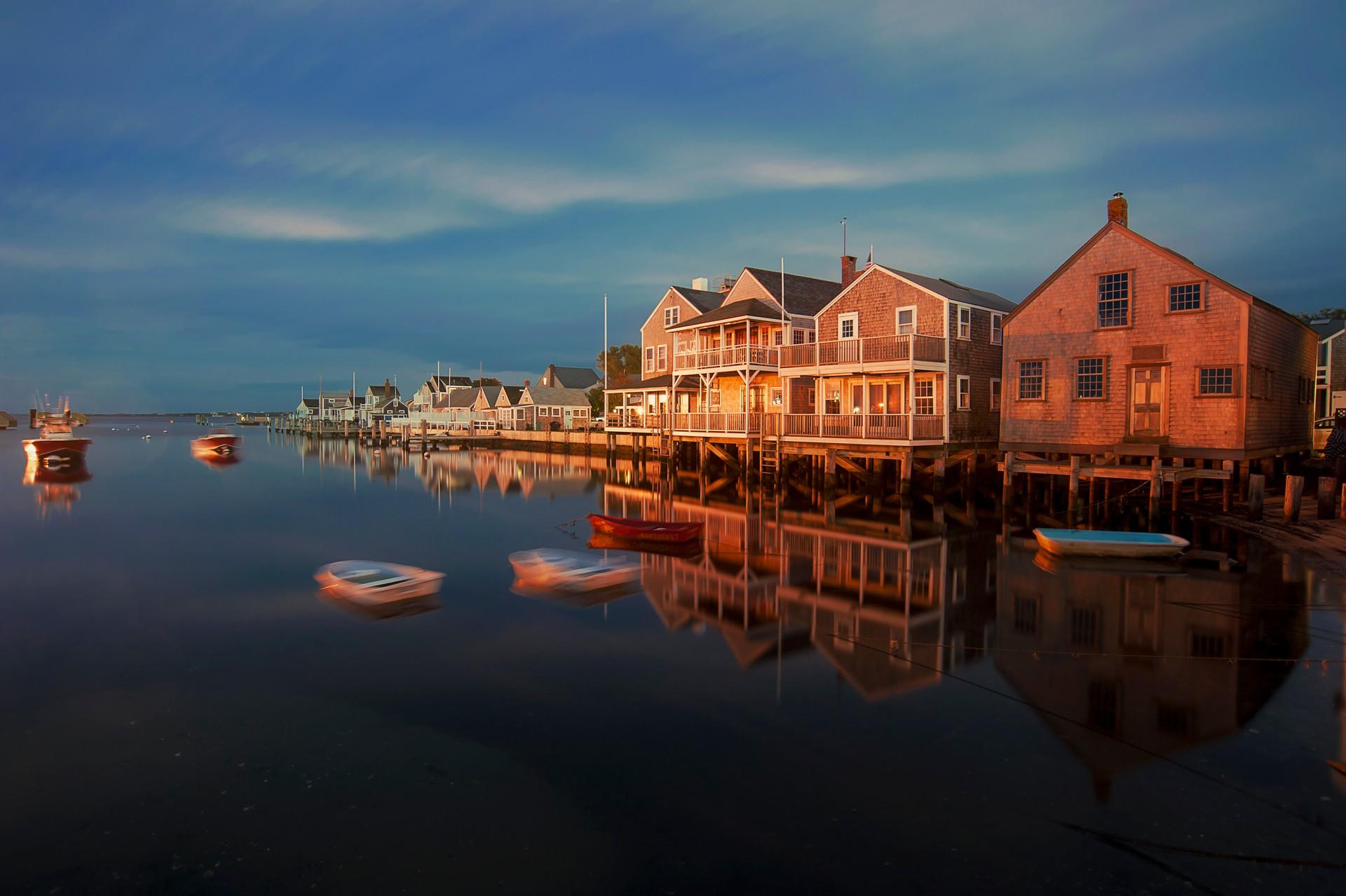 Port in Nantucket at sunset time