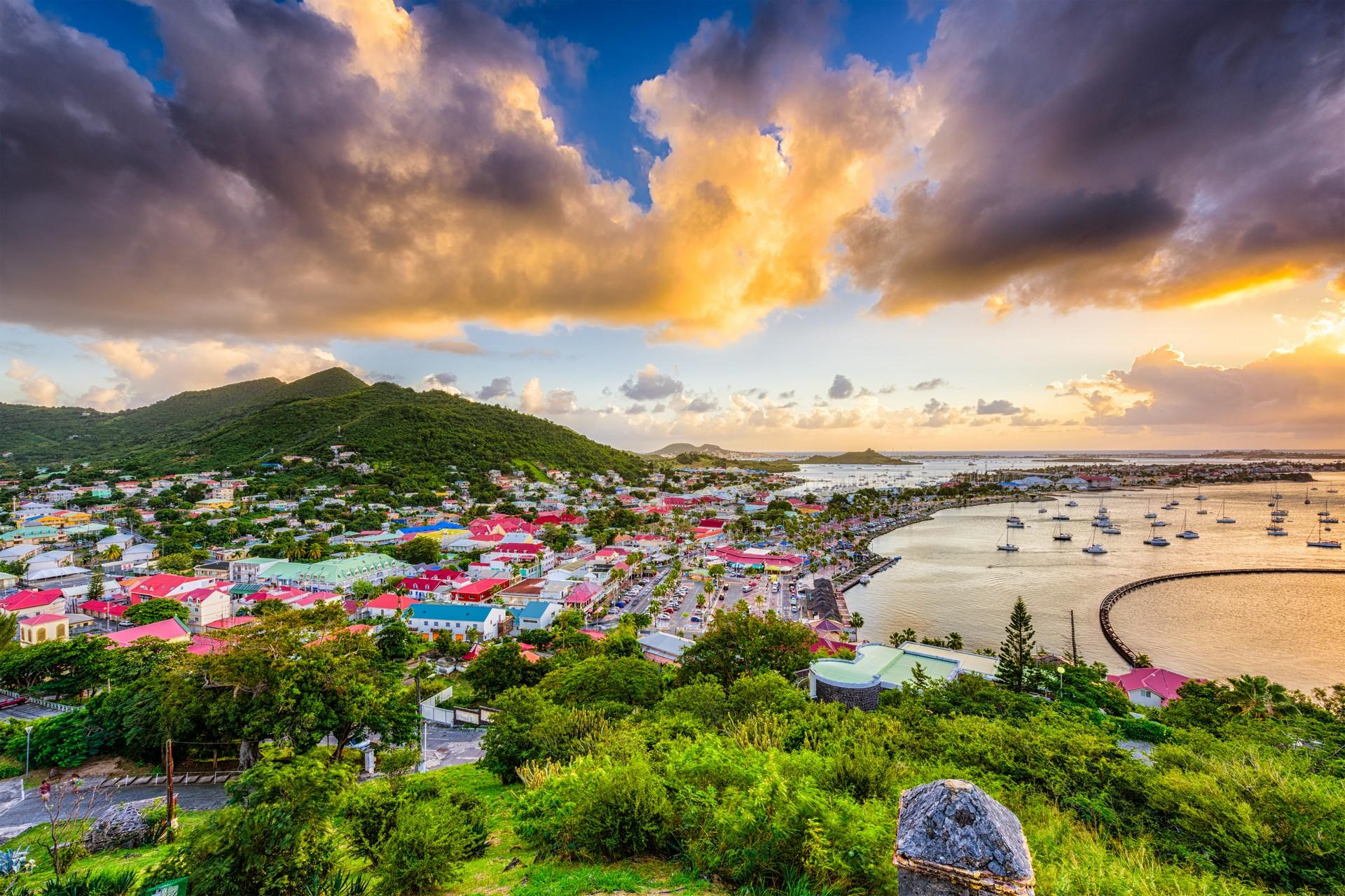 Aerial view of countryside in Marigot at sunset time