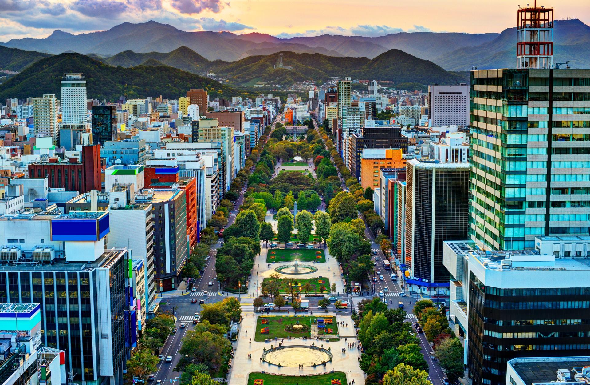 Aerial view of city square in Sapporo at dawn