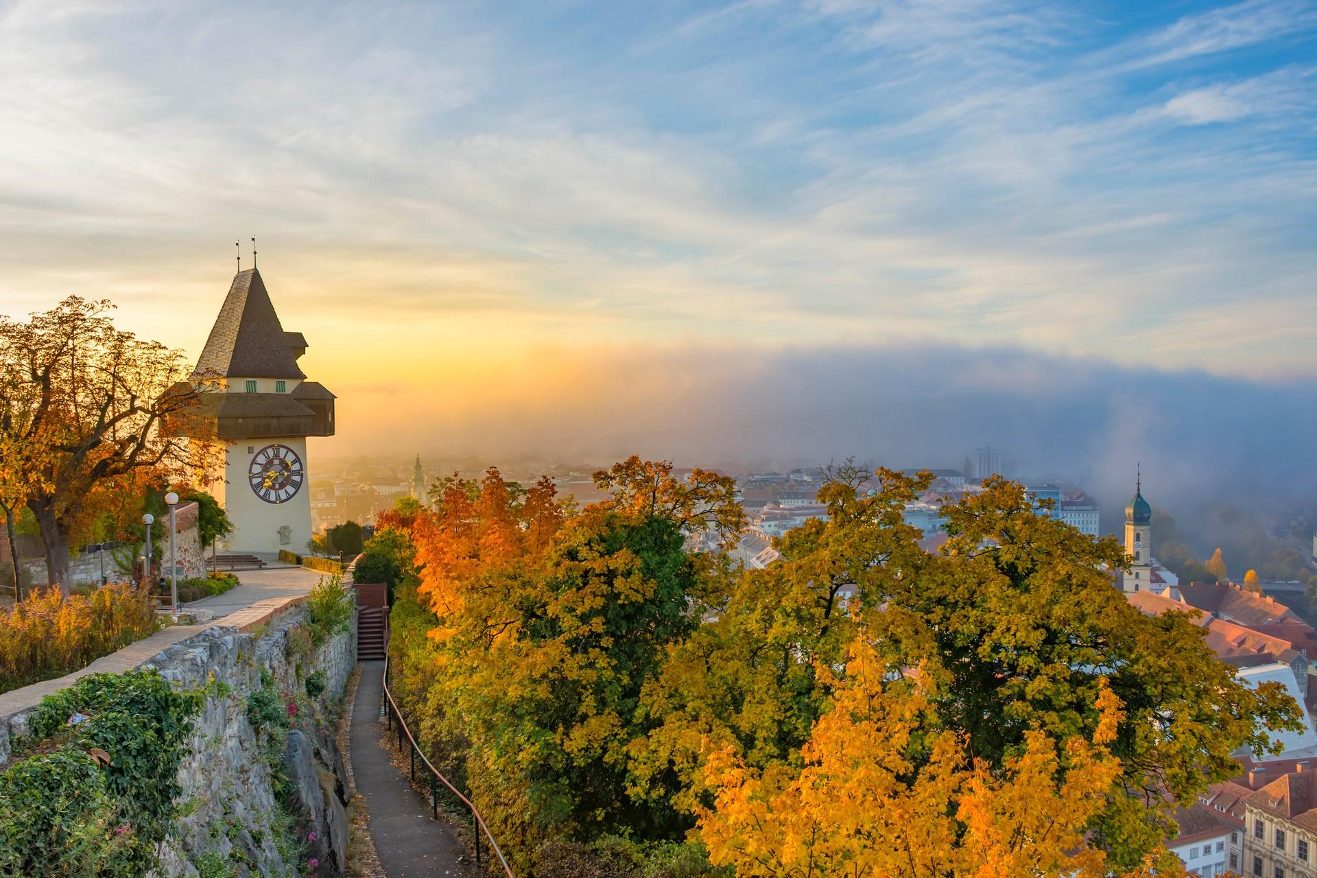 Architecture in Graz at sunset time