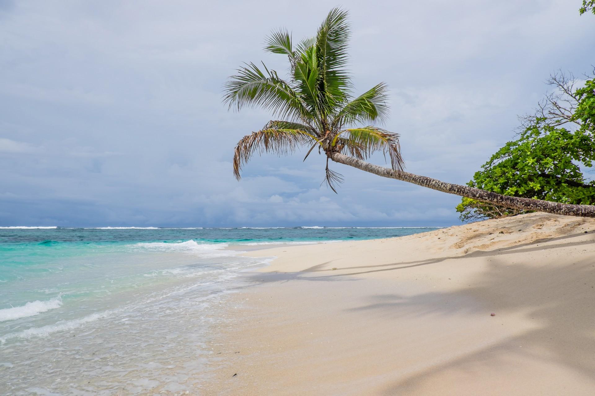 Nice beach by the sea with turquise water in Samoa on a cloudy day