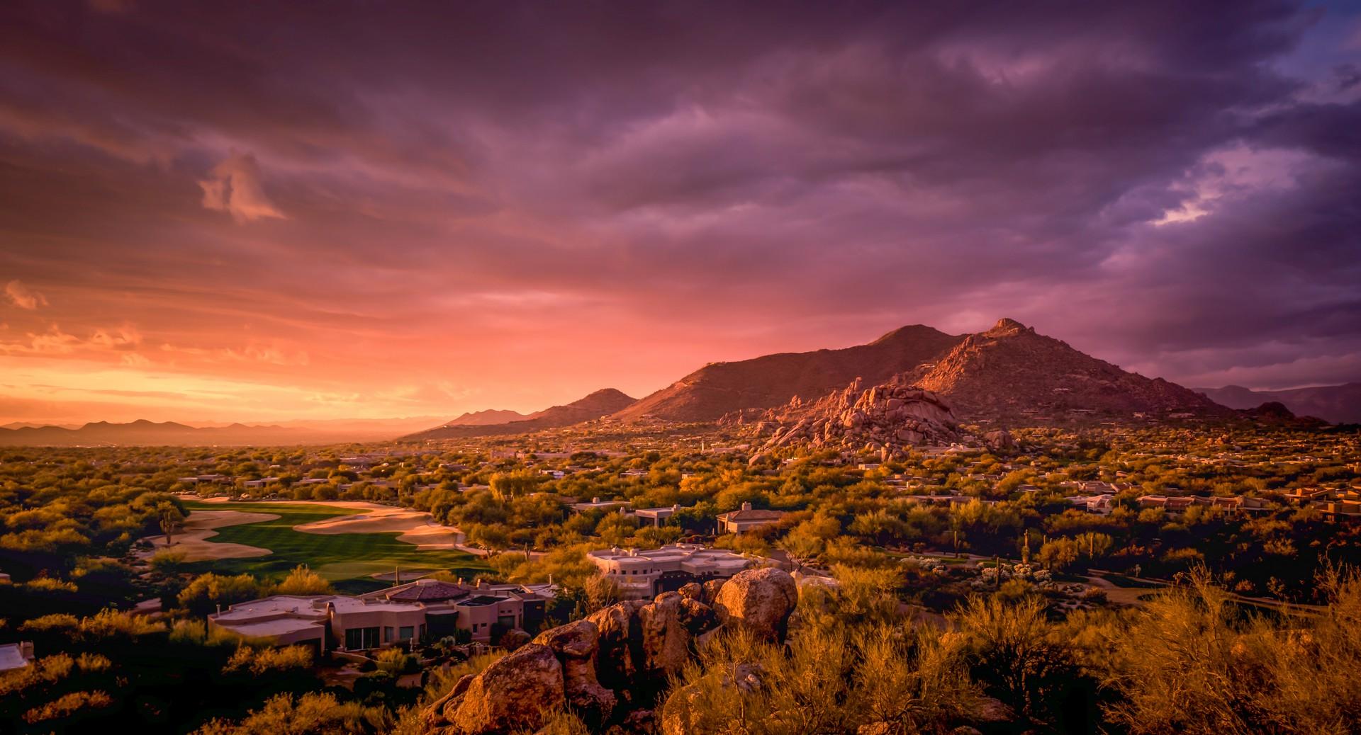 Aerial view of mountain range in Phoenix at sunset time