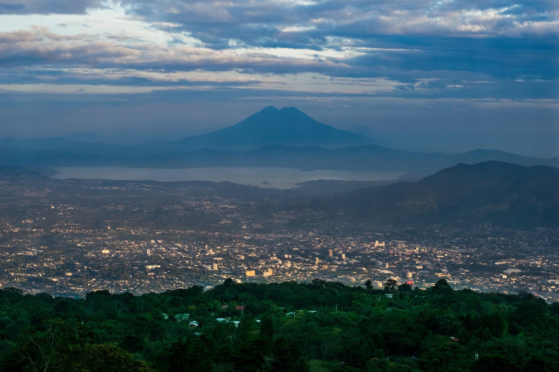 Aerial view of mountain range in San Salvador at sunset time