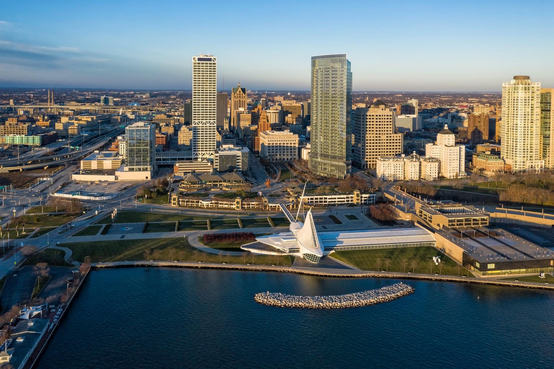 Aerial view of architecture in Milwaukee in sunny weather with few clouds