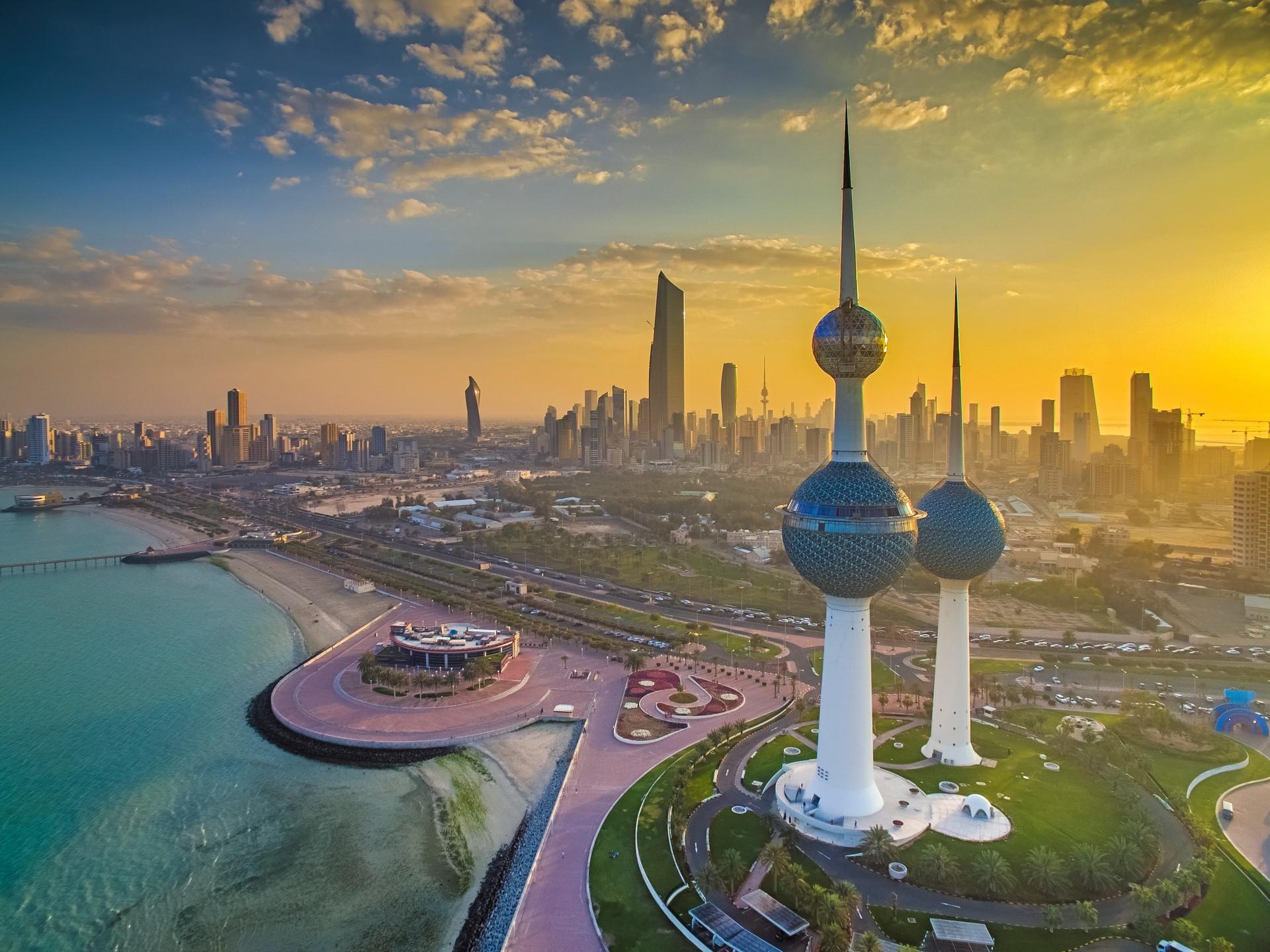 Aerial view of architecture in Kuwait at sunset time