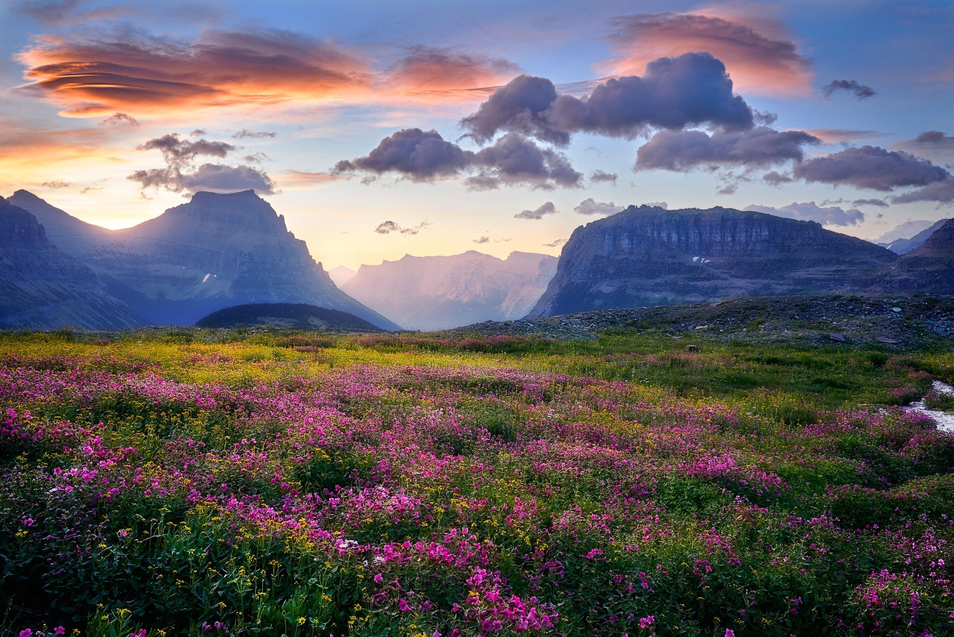 Countryside in Glacier National Park at sunset time