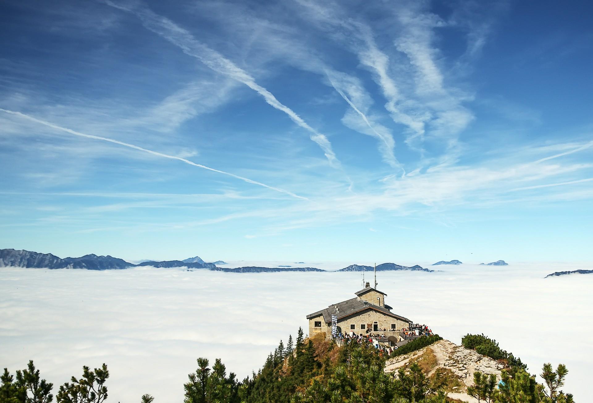 Aerial view of countryside near Berchtesgaden in sunny weather with few clouds