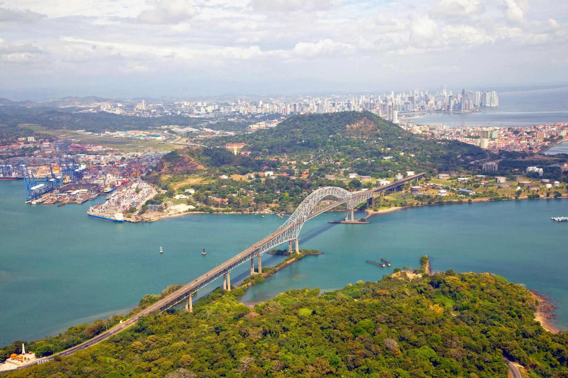 Aerial view of bridge in Panama City on a cloudy day