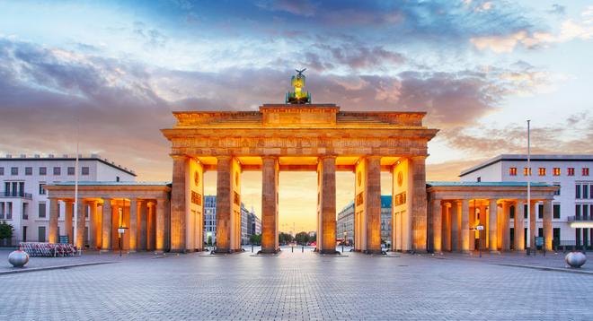 Famous Brandenburg Gate in Berlin at sunset.
