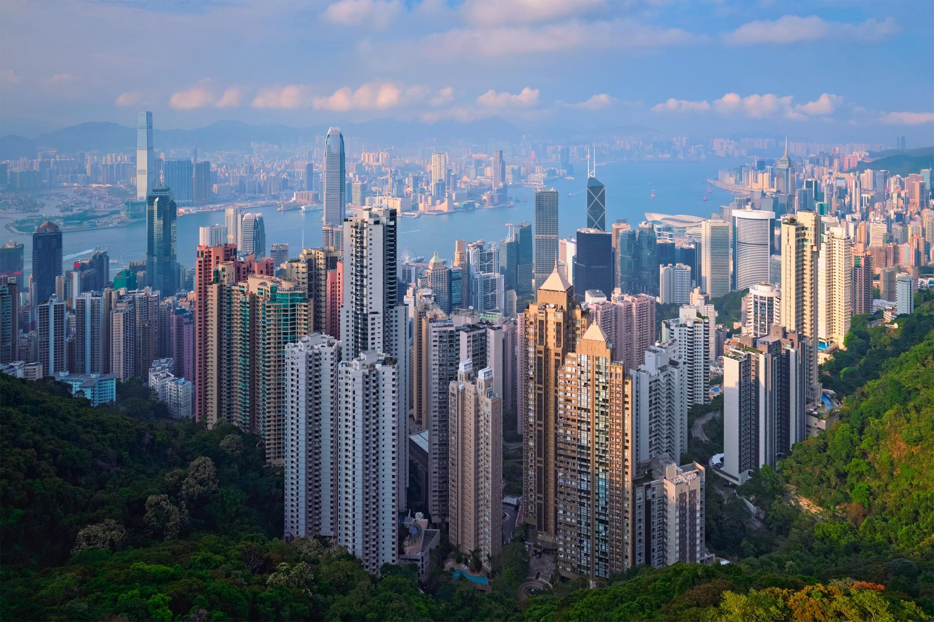 Aerial view of architecture in Hong Kong on a cloudy day