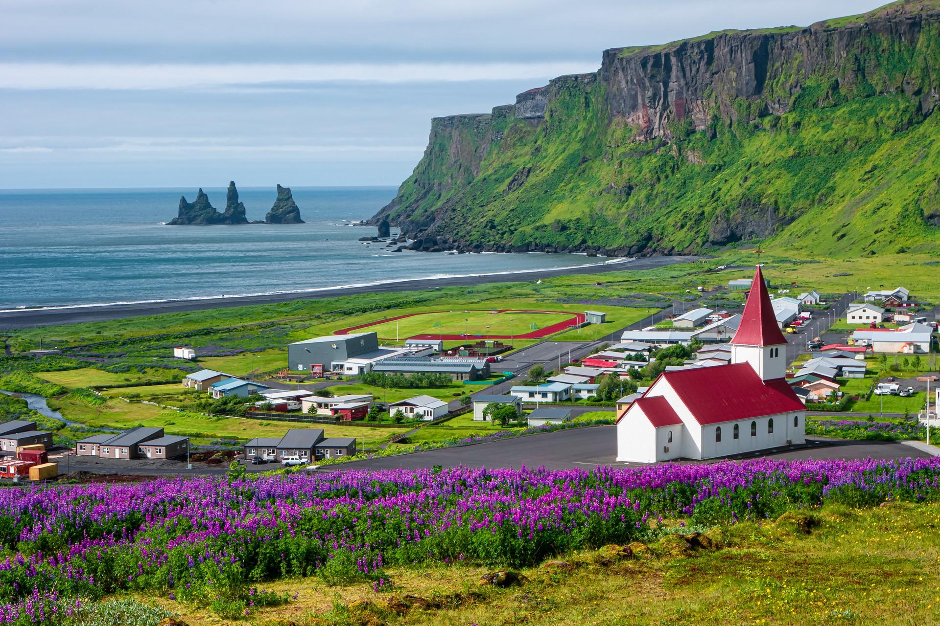 Aerial view of countryside in Vík í Mýrdal on a cloudy day