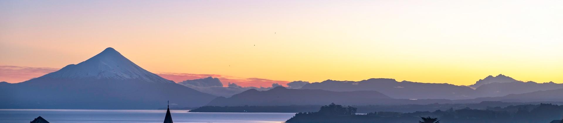 Aerial view of mountain range in Puerto Varas at sunset time