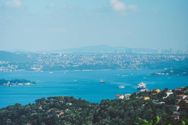 An aerial view of the sea, the forest and the city of Istanbul