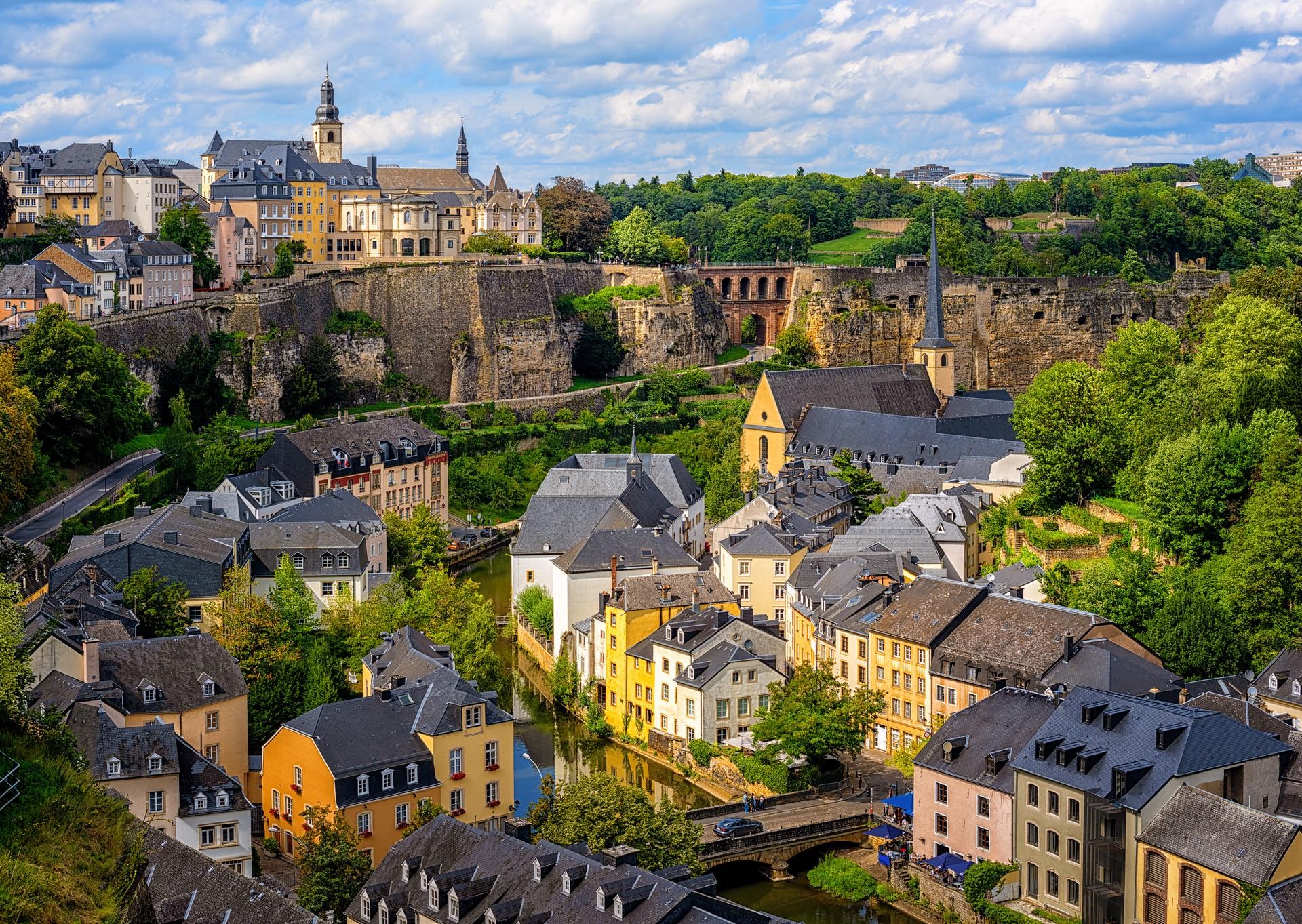Aerial view of architecture in Luxembourg on a day with cloudy weather