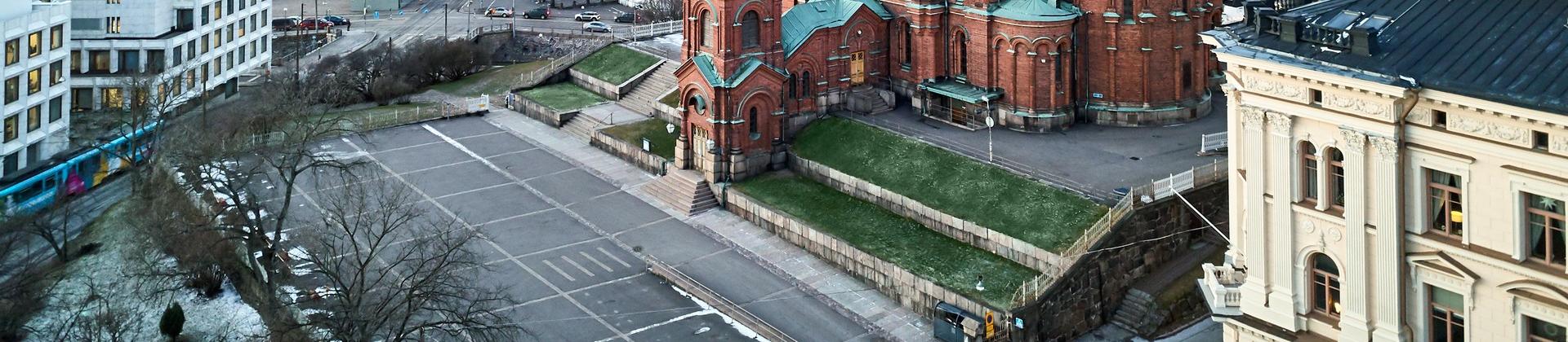 Aerial view of architecture in Helsinki at sunset time