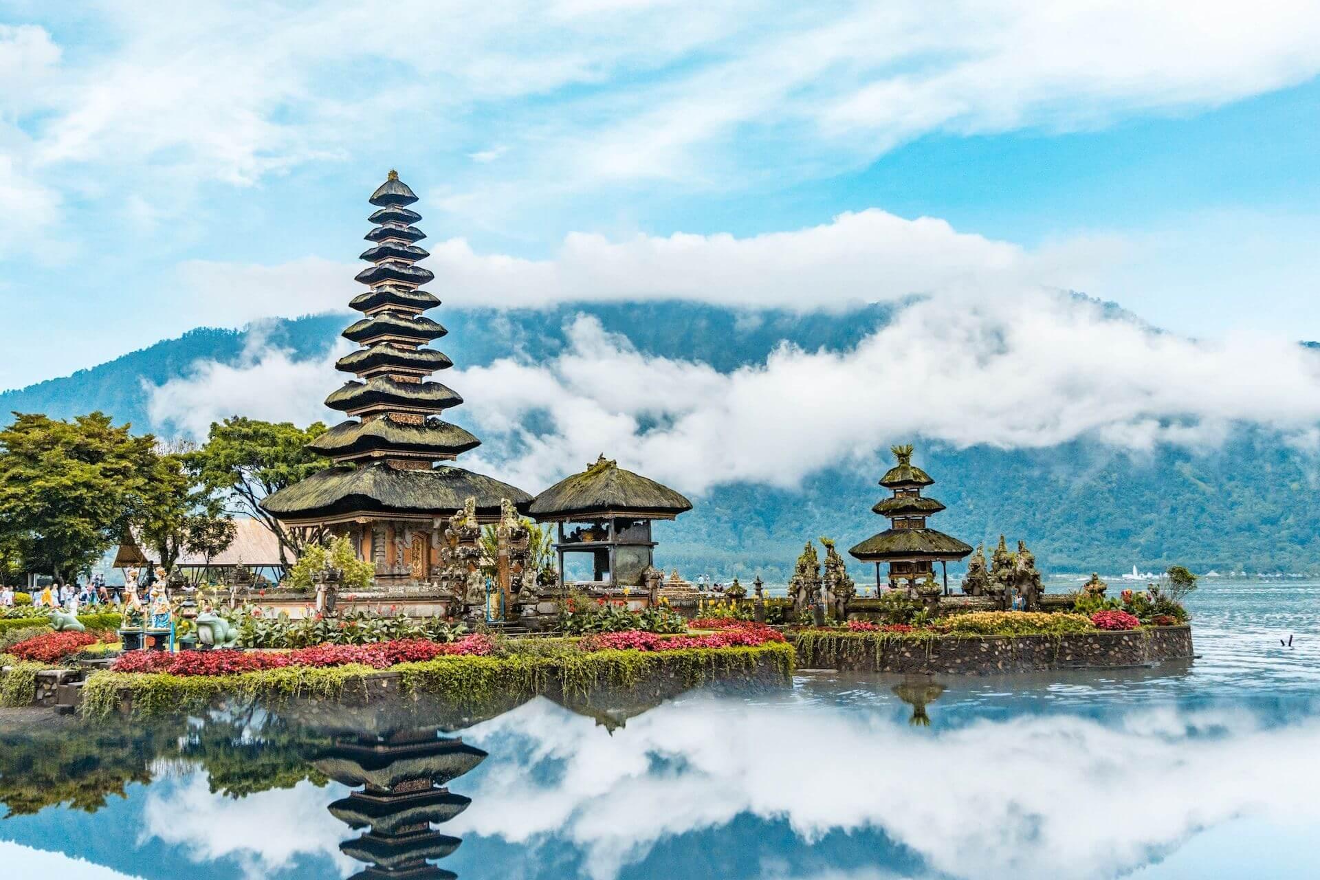 Tanah Lot Temple and mountains in the background in Bali