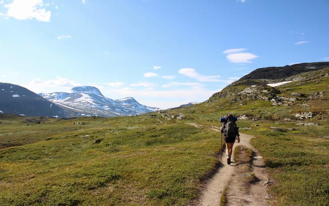 Trekking in Sweden: female hiker with backpack on the way.