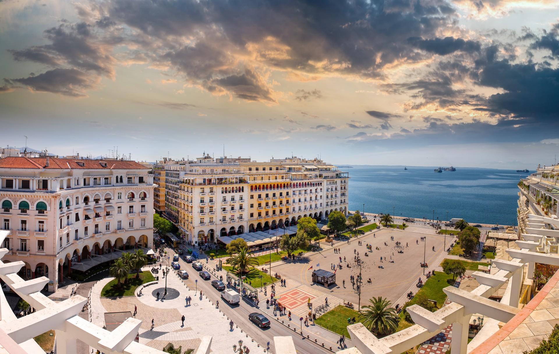 Aerial view of city square in Thessaloniki with cloudy sky