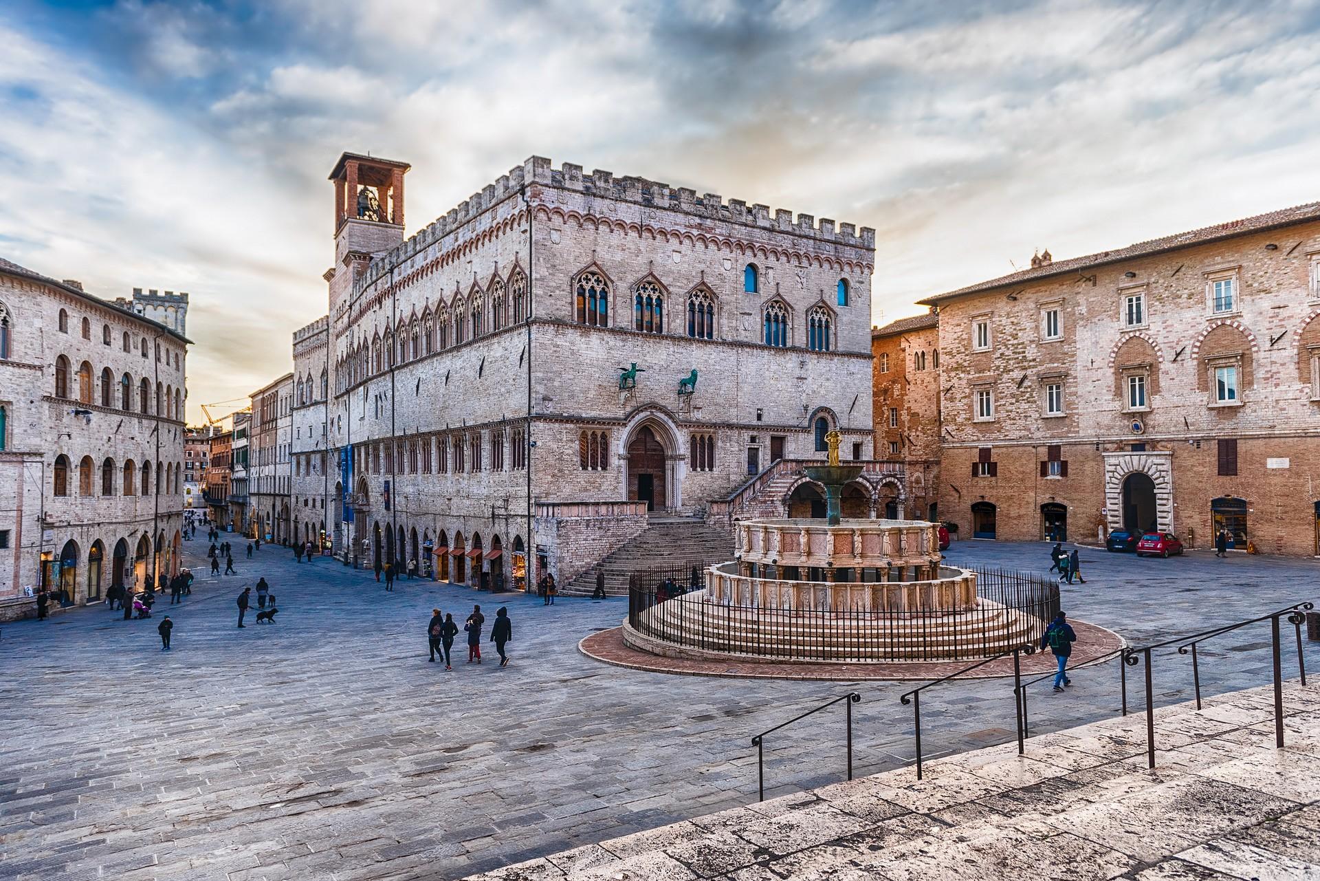 City square in Perugia on a day with cloudy weather