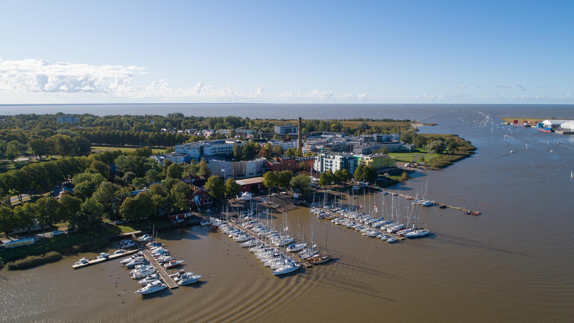 Aerial view of boat in Pärnu in partly cloudy weather