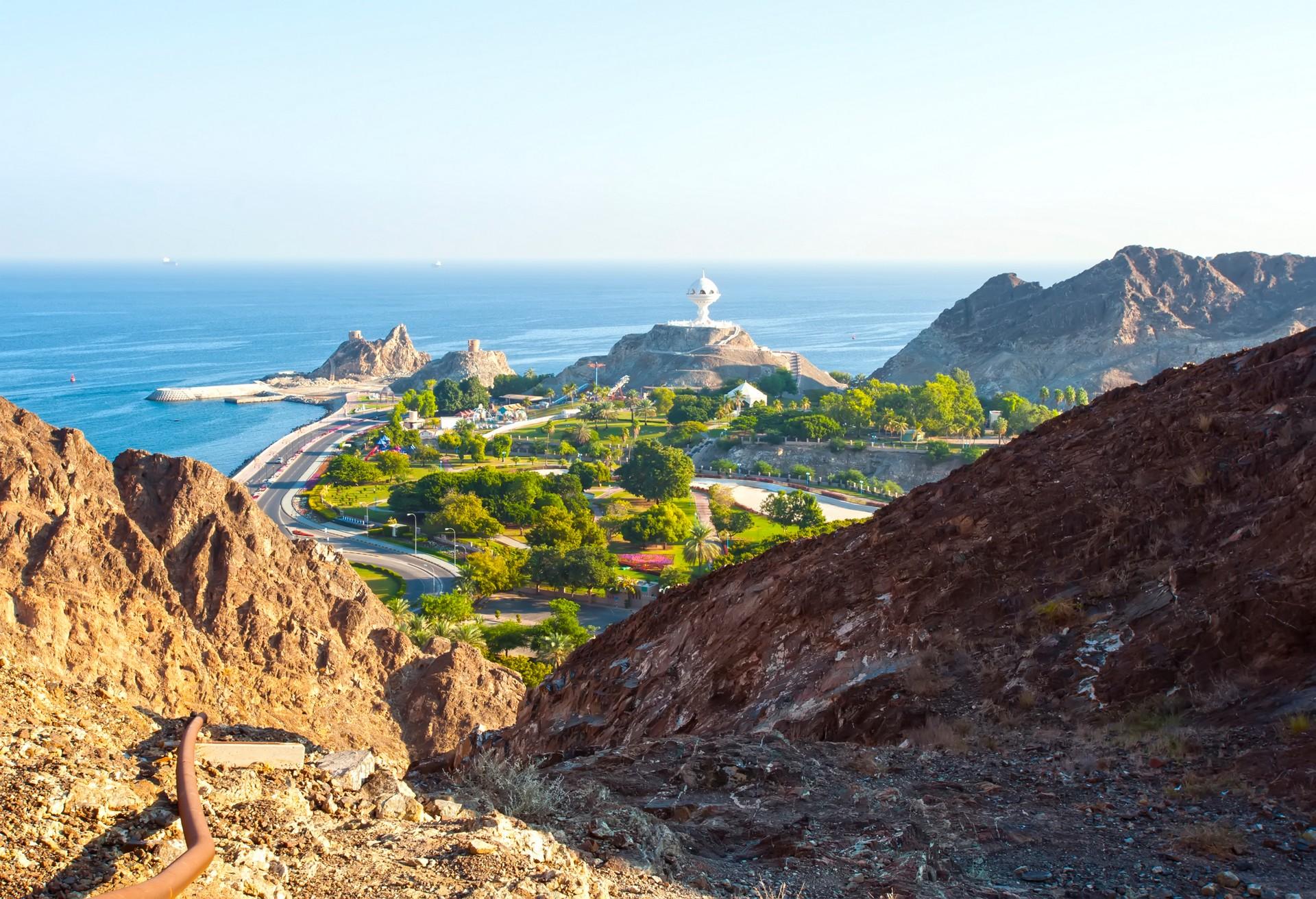 Aerial view of countryside in Oman - Northeast coast on a sunny day