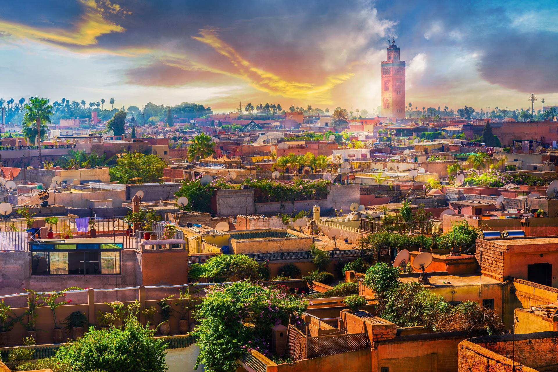 Aerial view of architecture in Marrakesh at sunset time