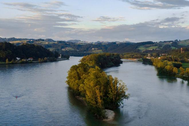 View of the Danube river in Lower Austria surrounded by forests