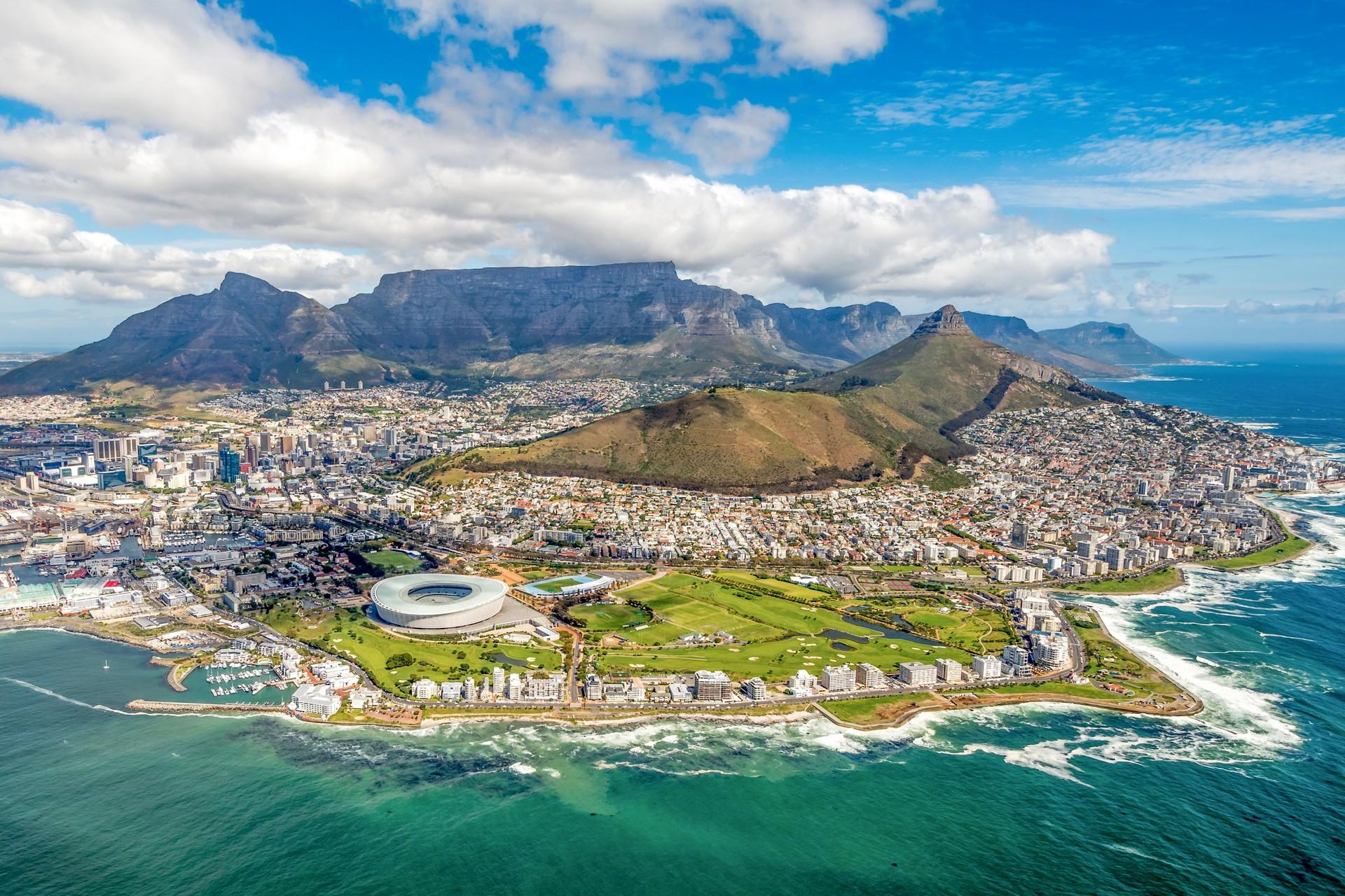 Aerial view of mountain range in Cape Town in partly cloudy weather