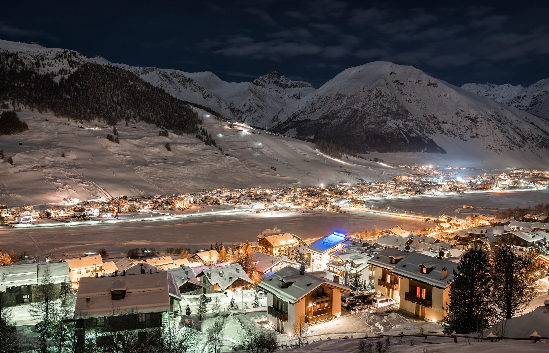 Aerial view of mountain range in Livigno in the night