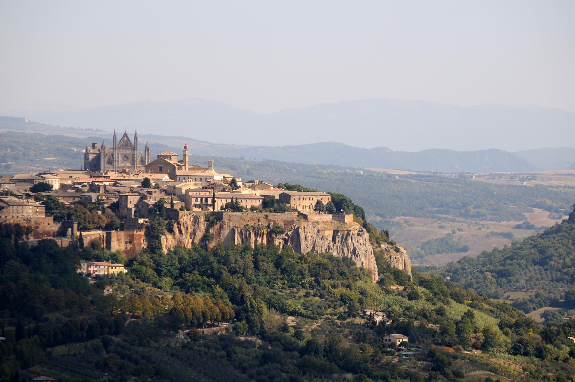 Aerial view of countryside in Orvieto with cloudy sky