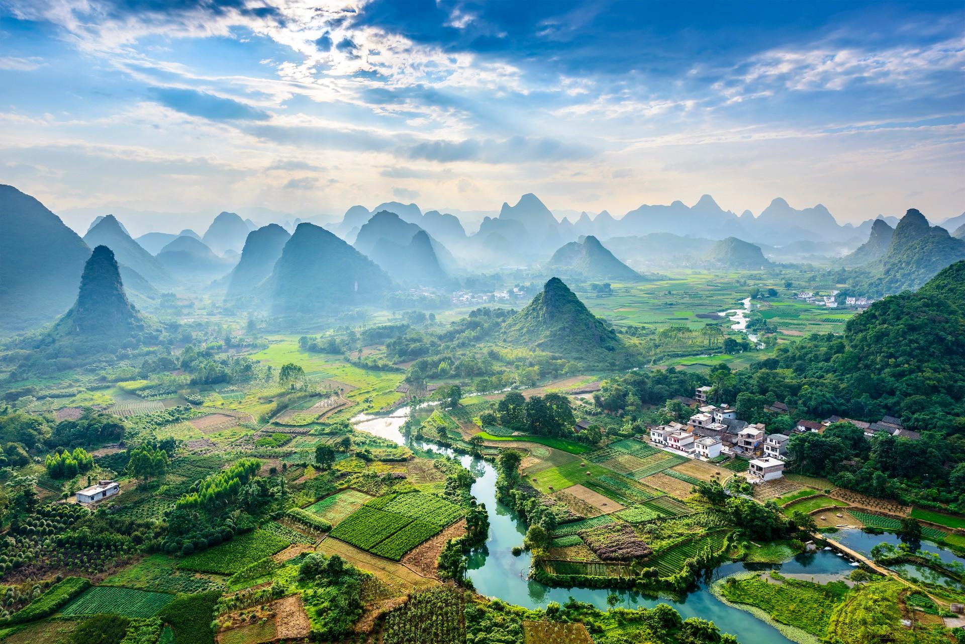 Aerial view of mountain range in Guilin on a cloudy day