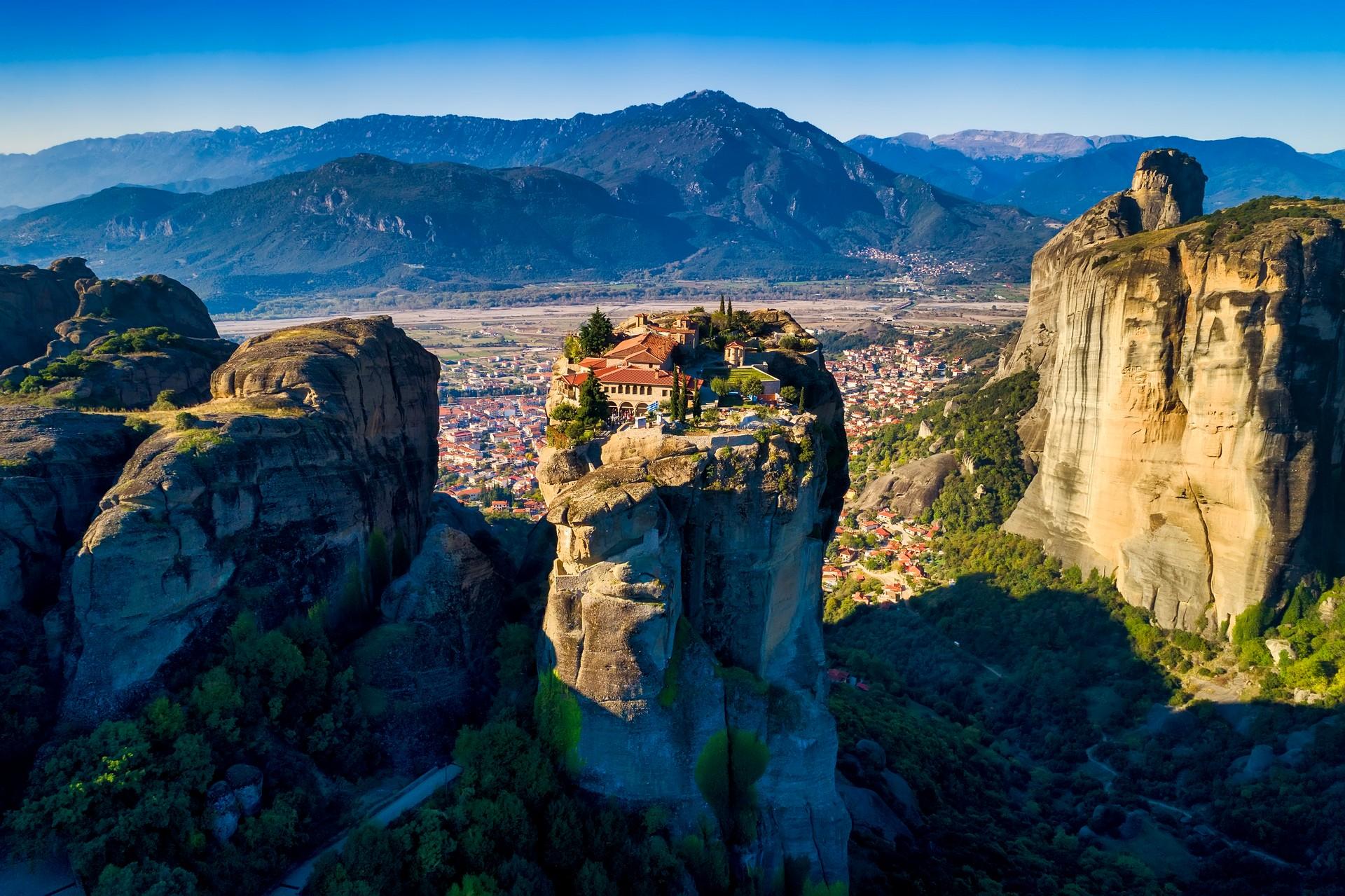 Aerial view of mountain range in Kalampáka with nice weather and blue sky