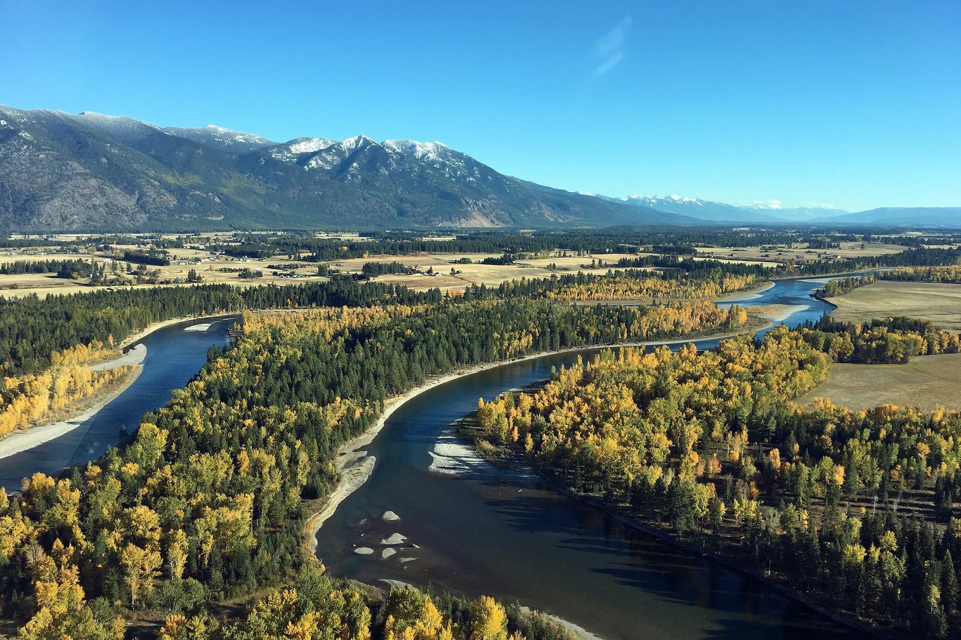 Aerial view of mountain range near Kalispell on a clear sky day
