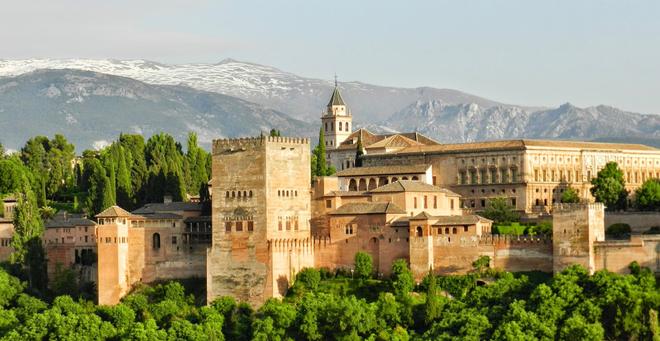 Alhambra complex, a fortress and palace, in Granada, Spain.