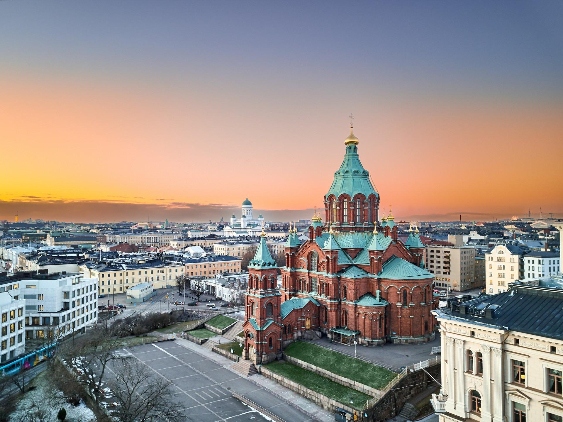 Aerial view of architecture in Helsinki at sunset time