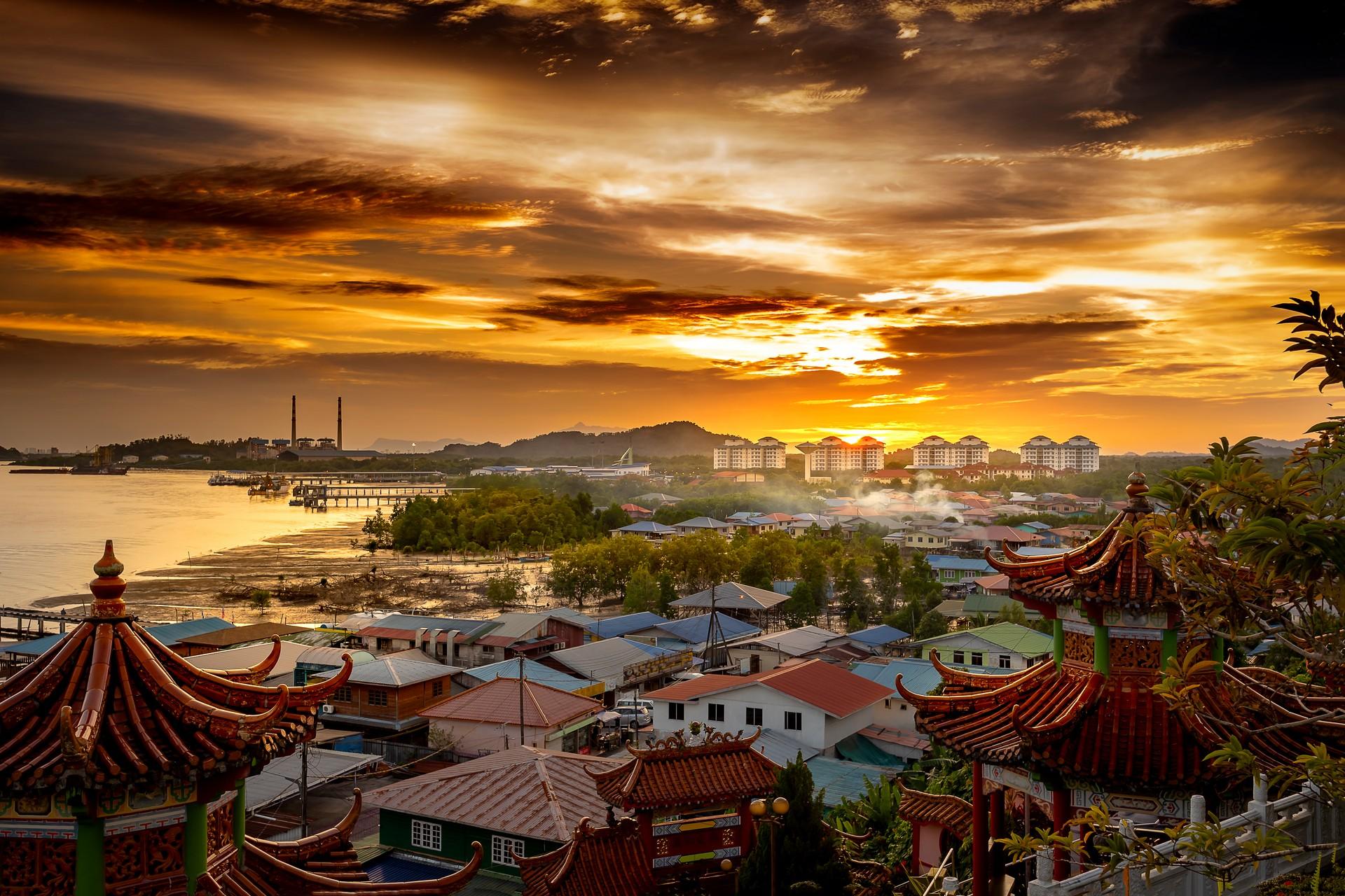 Aerial view of architecture in Kuching at sunset time