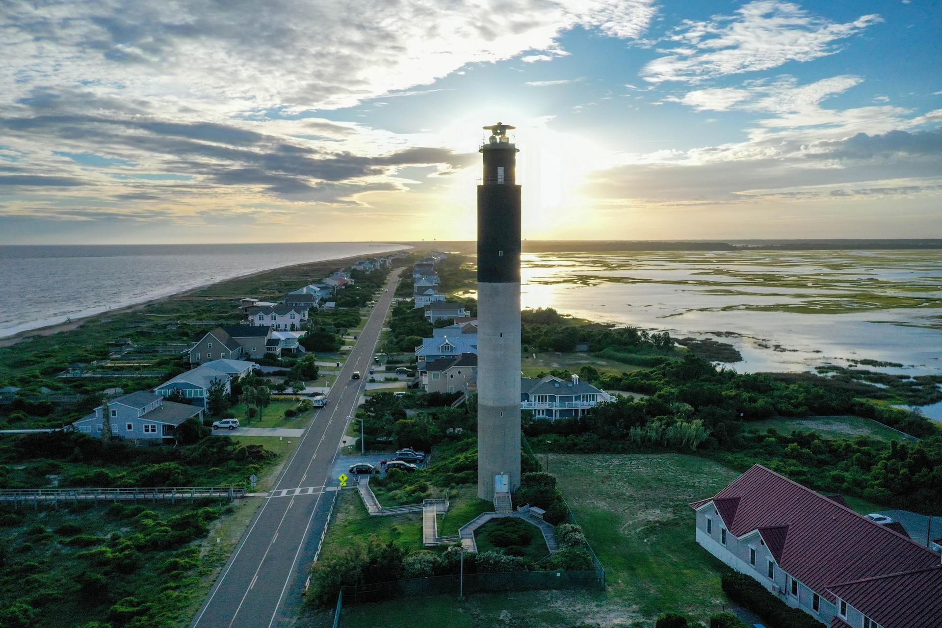 Aerial view of architecture in Oak Island at dawn