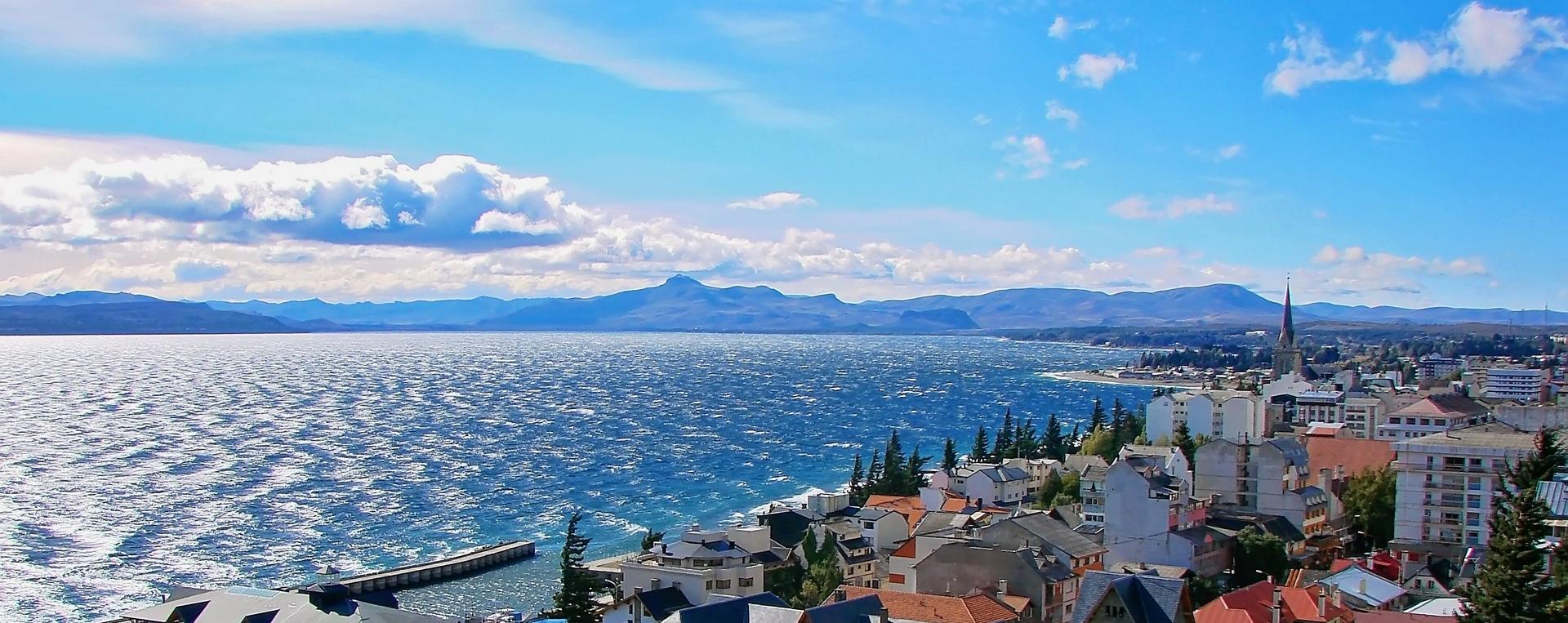 Aerial view of port in San Carlos de Bariloche in sunny weather with few clouds