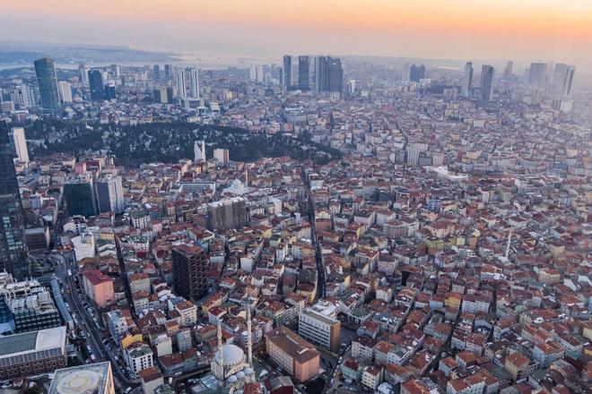 An aerial view of the Istanbul city at sunset