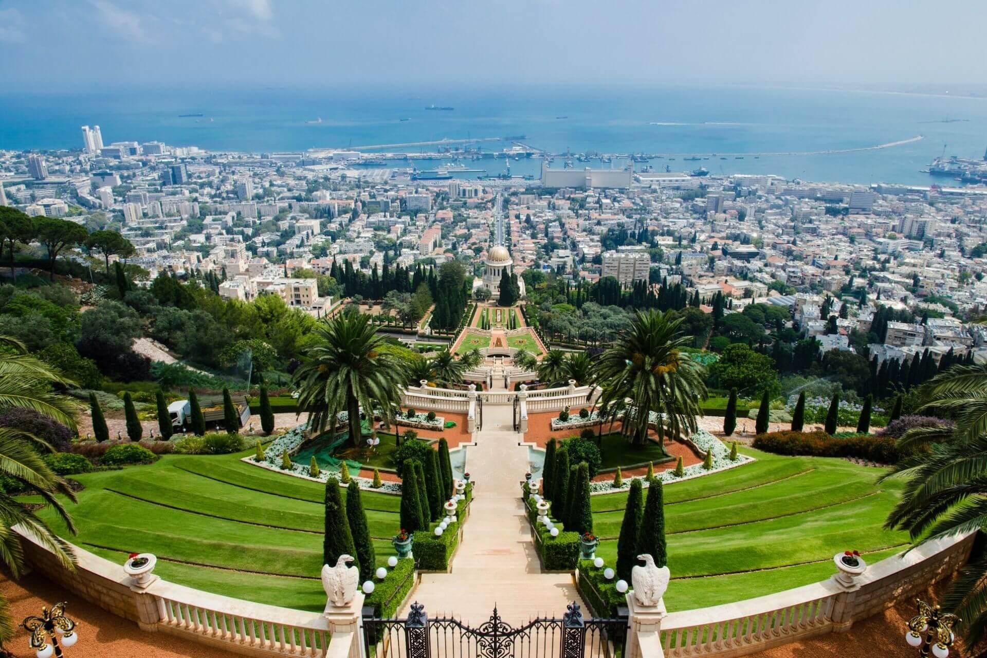 View of a park and town in Haifa District in Israel