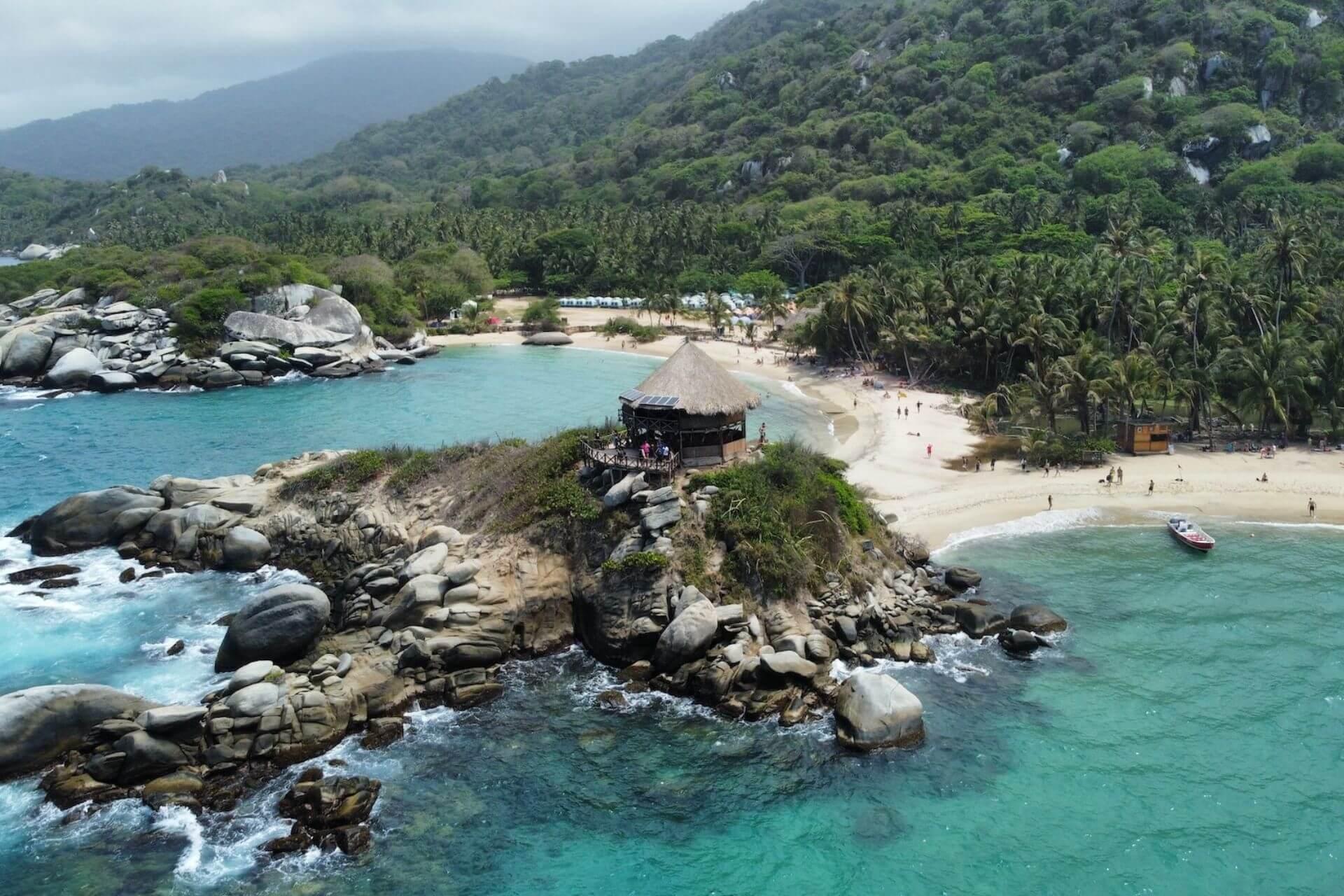 View of the Tayrona National Parksurrounded by sea in Colombia