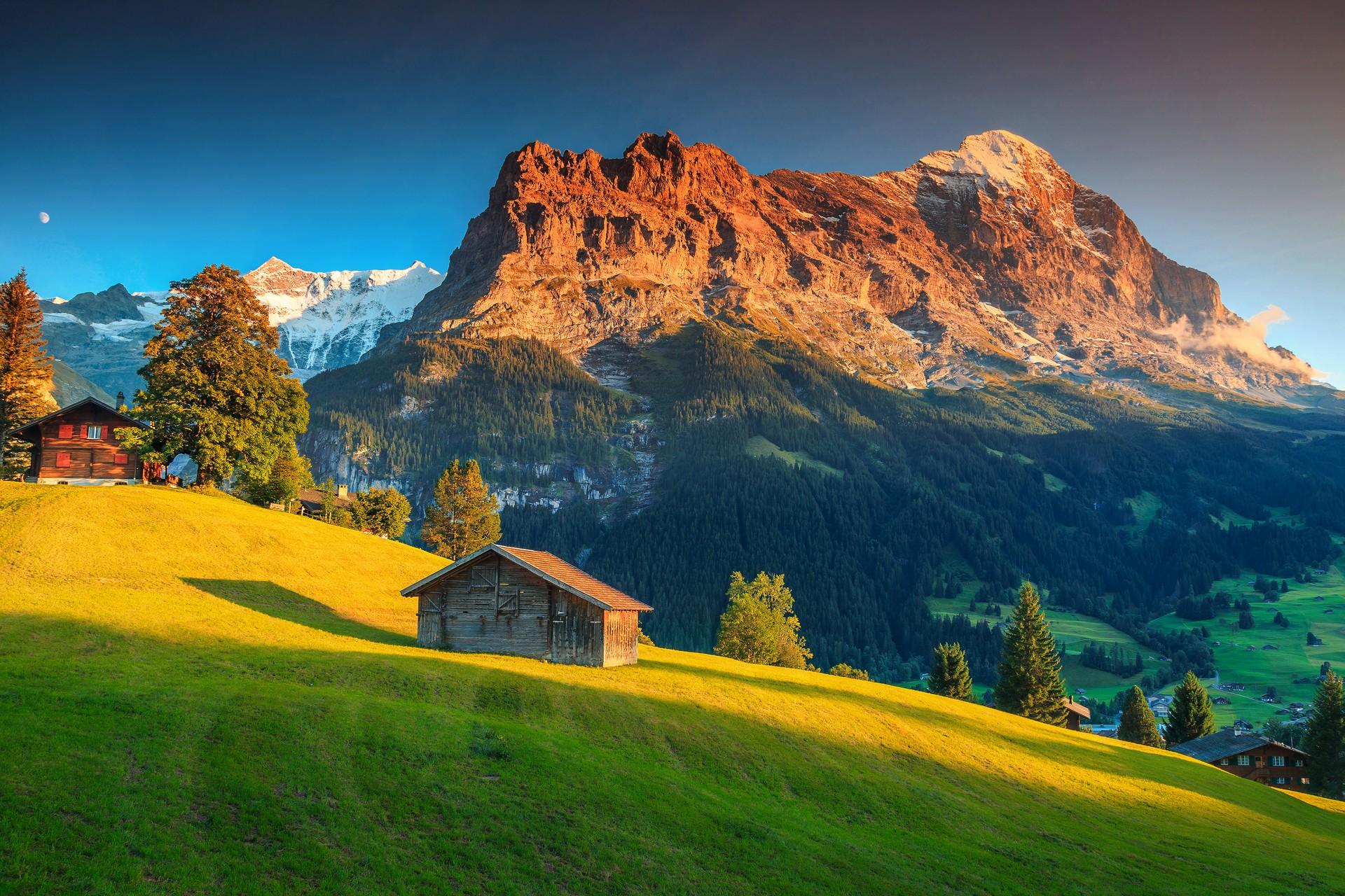 Countryside in Switzerland at sunset time