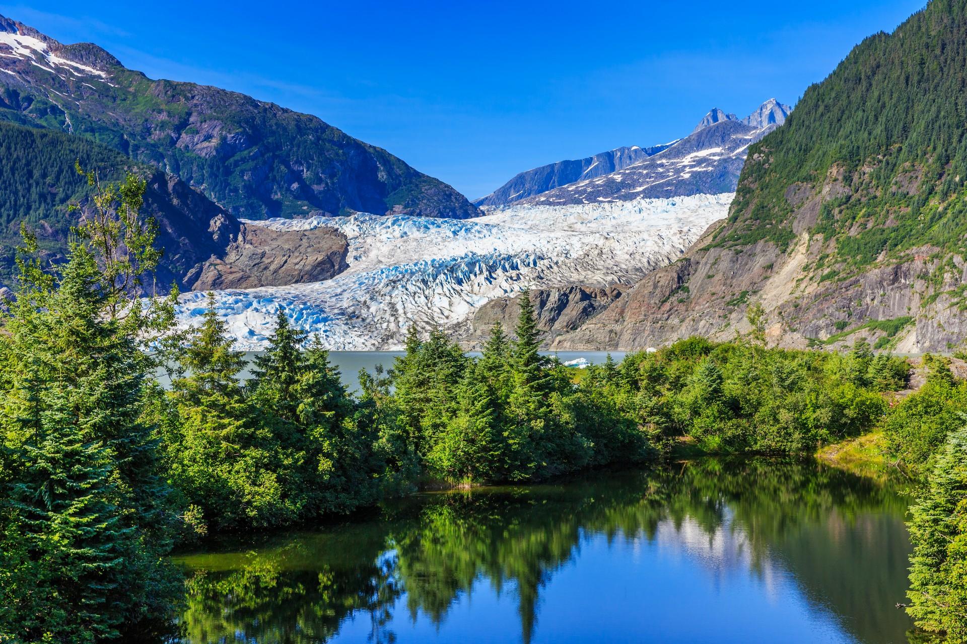 Mountain range near Juneau with nice weather and blue sky