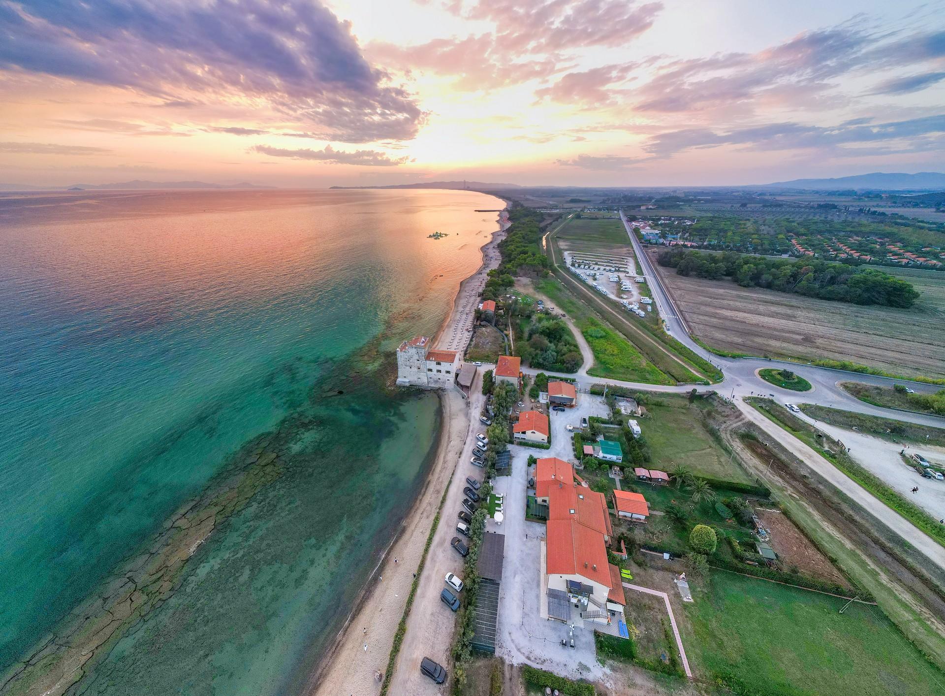 Aerial view of beach in Follonica at sunset time